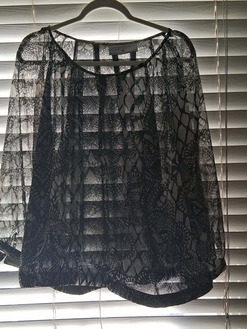 Sheer Black Lace-Pattern Blouse - Women's Top By Avenue Studio Statement sleeves